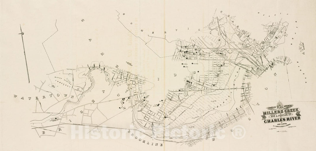 Historical Map, 1873 Compiled Plan, Showing Millers Creek and a Portion of Charles River, Vintage Wall Art