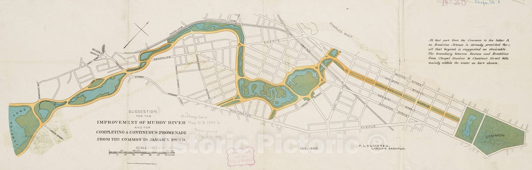 Historical Map, 1880 Suggestion for The Improvement of Muddy River and for Completing a Continuous Promenade from The Common to Jamaica Pond, Vintage Wall Art