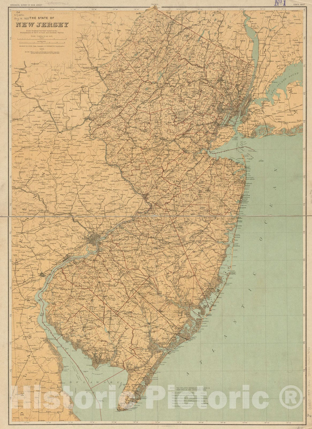 Historical Map, 1888 The State of New Jersey : from Original surveys Based on The Triangulation of The U.S. Coast and Geodetic Survey, Vintage Wall Art