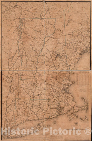 Historical Map, 1866 Post Route map of The States of New Hampshire, Vermont, Massachusetts, Rhode Island, Connecticut, and Parts of New York and Maine, Vintage Wall Art