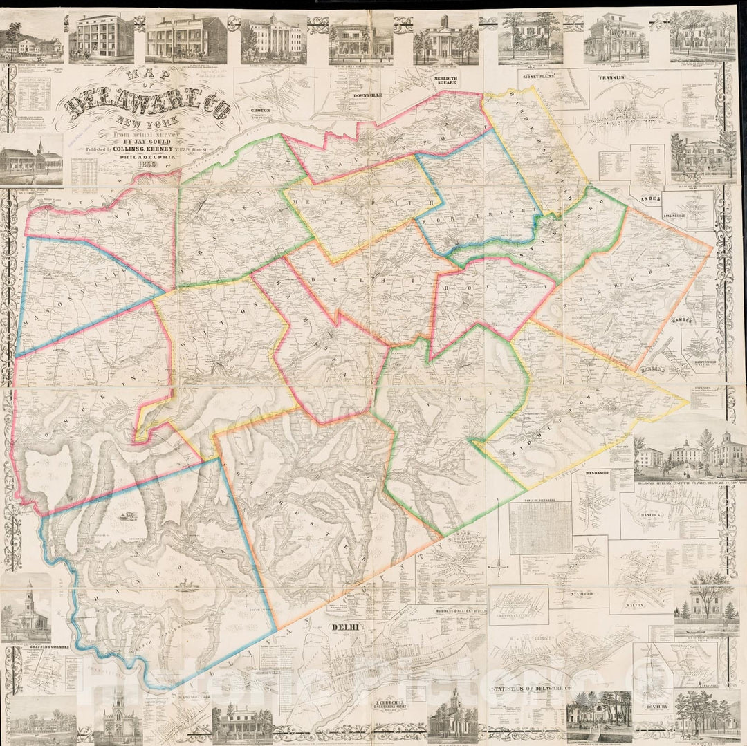 Historical Map, 1856 Map of Delaware County, New York, Vintage Wall Art