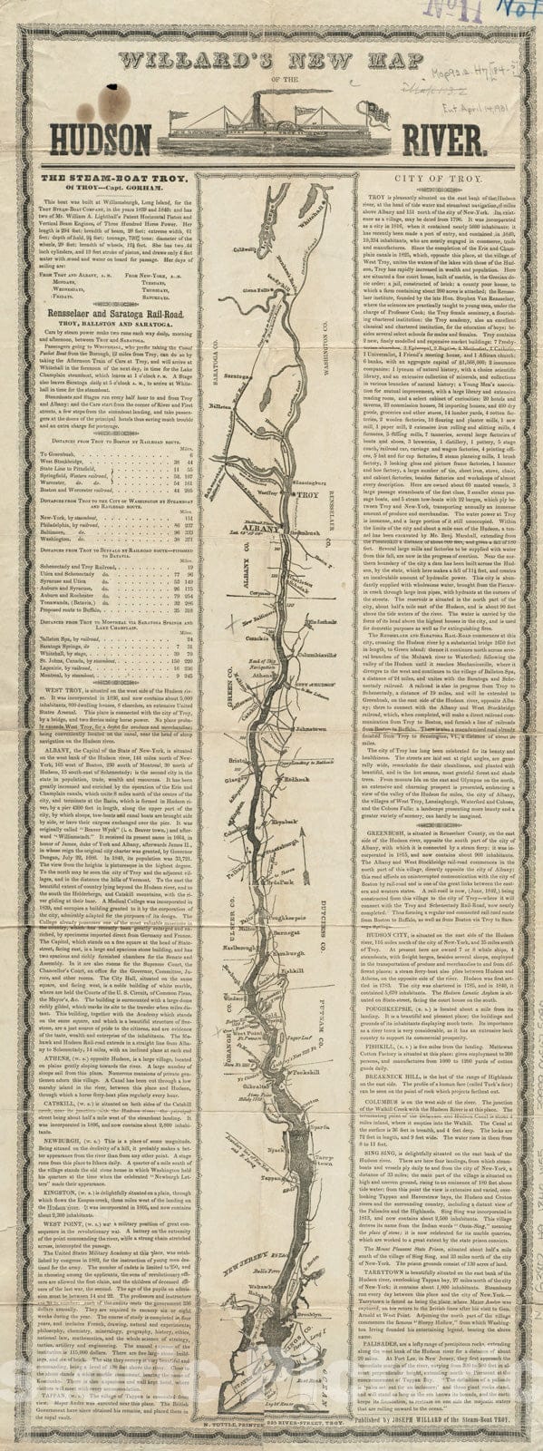 Historical Map, 1840-1849 Willard's new map of the Hudson River, Vintage Wall Art