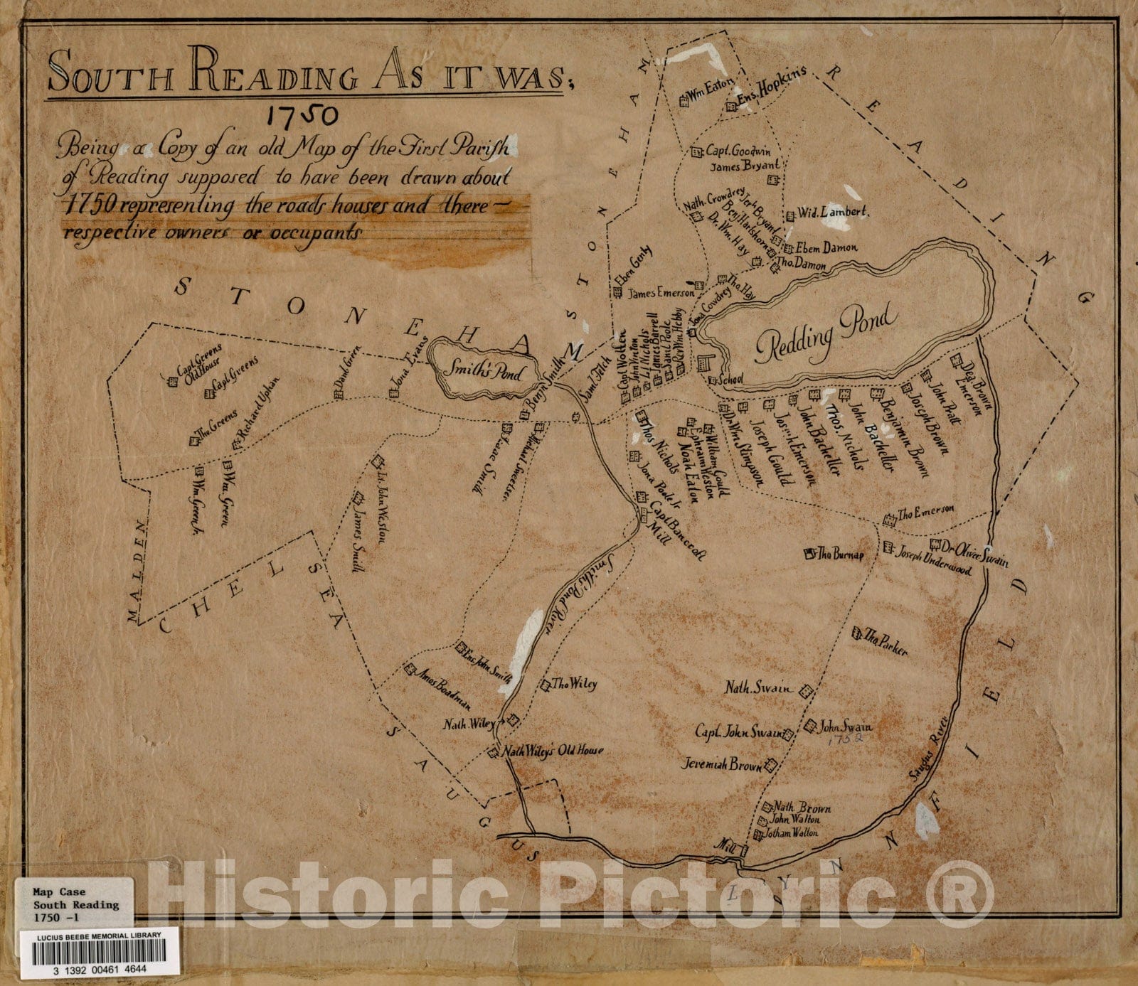 Historical Map, South Reading as it was : Being a Copy of an Old map of The First Parish of Reading, Supposed to Have Been Drawn About The Year 1750, Vintage Wall Art