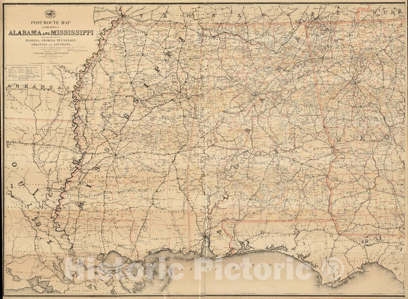 Historical Map, Post Route map of The States of Alabama and Mississippi with Adjacent Parts of Florida, Georgia, Tennessee, Arkansas and Louisiana, Vintage Wall Art