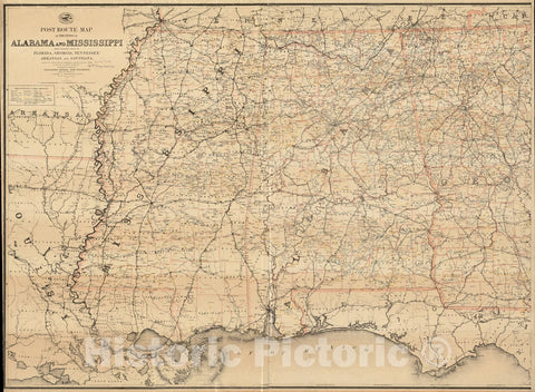 Historical Map, Post Route map of The States of Alabama and Mississippi with Adjacent Parts of Florida, Georgia, Tennessee, Arkansas and Louisiana, Vintage Wall Art