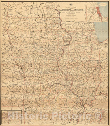 Historical Map, Post Route map of The States of Illinois, Iowa, and Missouri with Adjacent Parts of Indiana, Wisconsin, Minnesota, Nebraska, Kansas and Arkansas, Vintage Wall Art