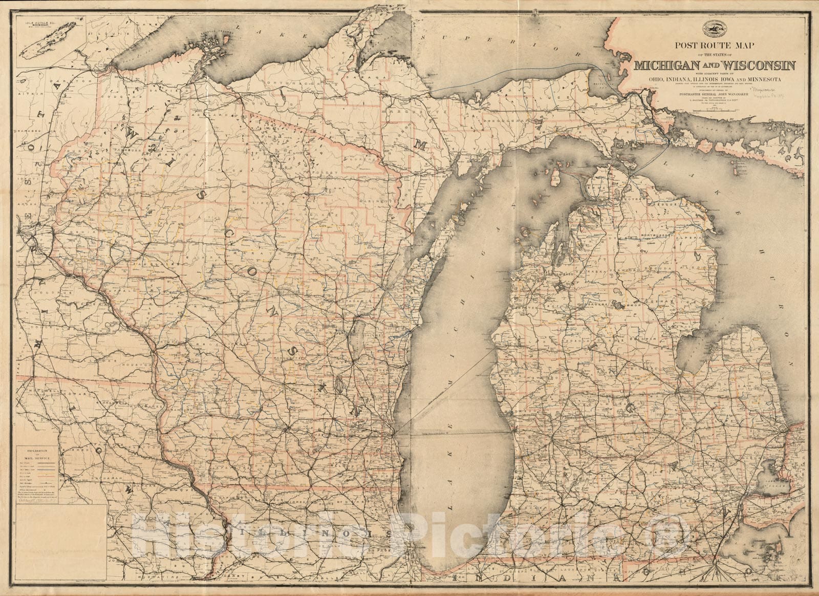 Historical Map, Post Route map of The States of Michigan and Wisconsin with Adjacent Parts of Ohio, Indiana, Illinois, Iowa and Minnesota Showing Post Offices, Vintage Wall Art