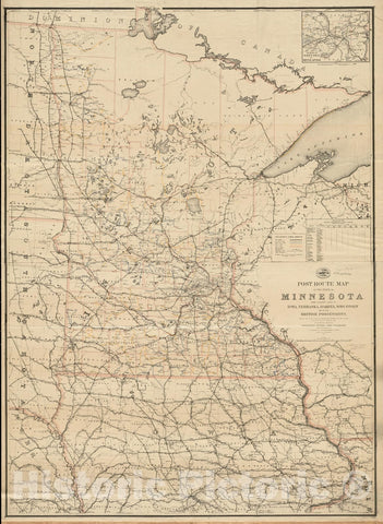 Historical Map, Post Route map of The State of Minnesota with Adjacent Parts of Iowa, Nebraska, Dakota, Wisconsin and of The British Possessions, Showing Post Offices, Vintage Wall Art