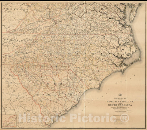 Historical Map, Post Route map of The States of North Carolina and South Carolina with Adjacent Parts of Georgia, Tennessee, Kentucky, West Virginia and Virginia, Vintage Wall Art