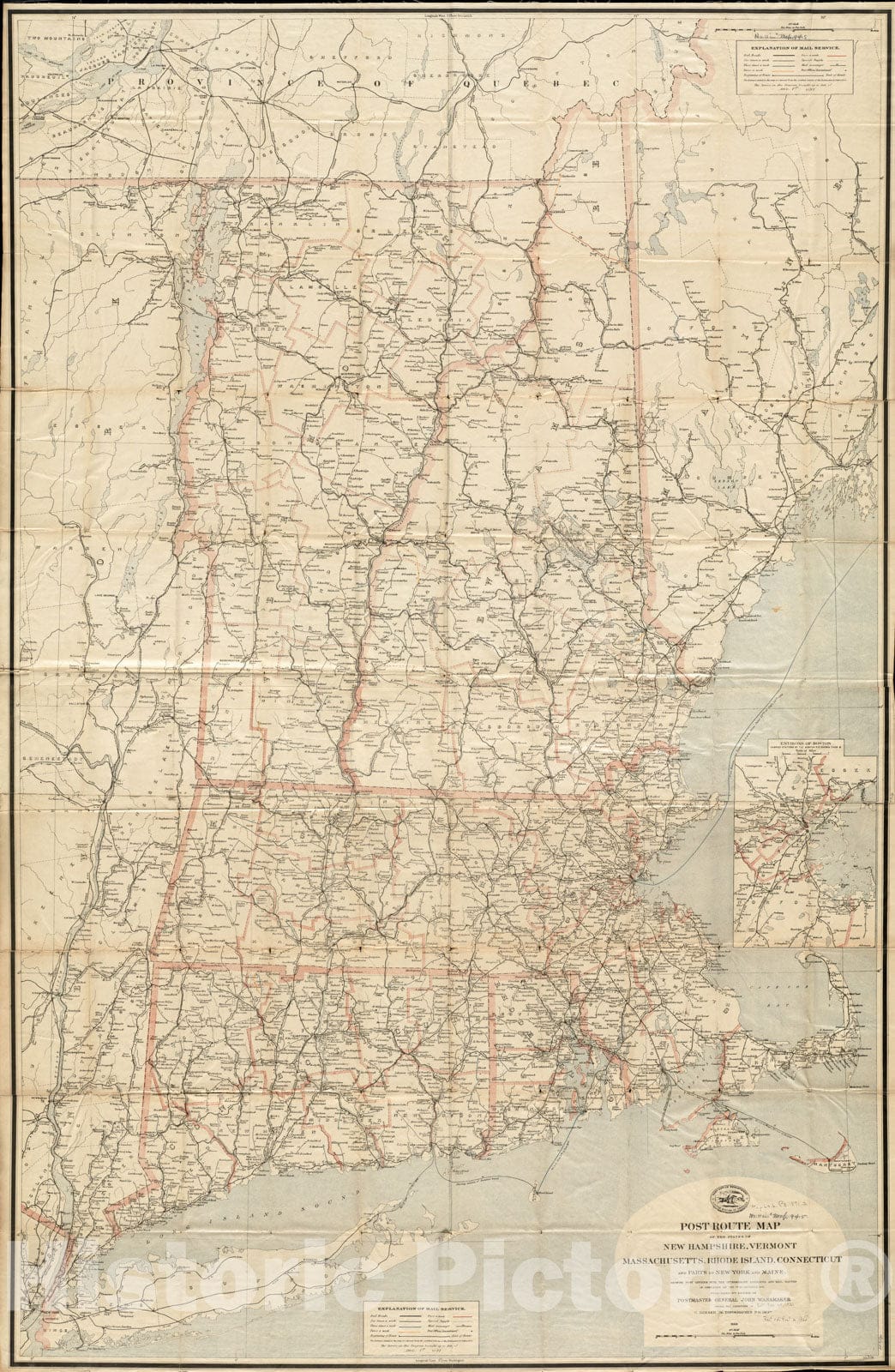 Historical Map, Post Route map of The States of New Hampshire, Vermont, Massachusetts, Rhode Island, Connecticut and Parts of New York and Maine, Vintage Wall Art