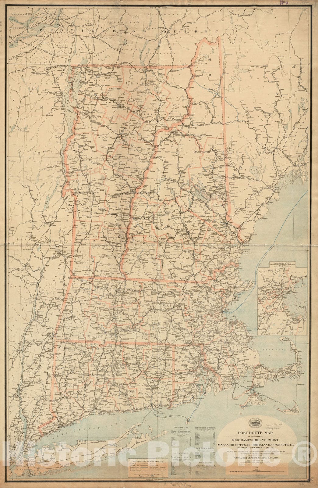 Historical Map, Post Route map of The States of New Hampshire, Vermont, Massachusetts, Rhode Island, Connecticut and Parts of New York and Maine : Showing Post Office, Vintage Wall Art