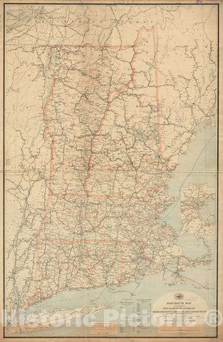 Historical Map, Post Route map of The States of New Hampshire, Vermont, Massachusetts, Rhode Island, Connecticut and Parts of New York and Maine : Showing Post Office, Vintage Wall Art