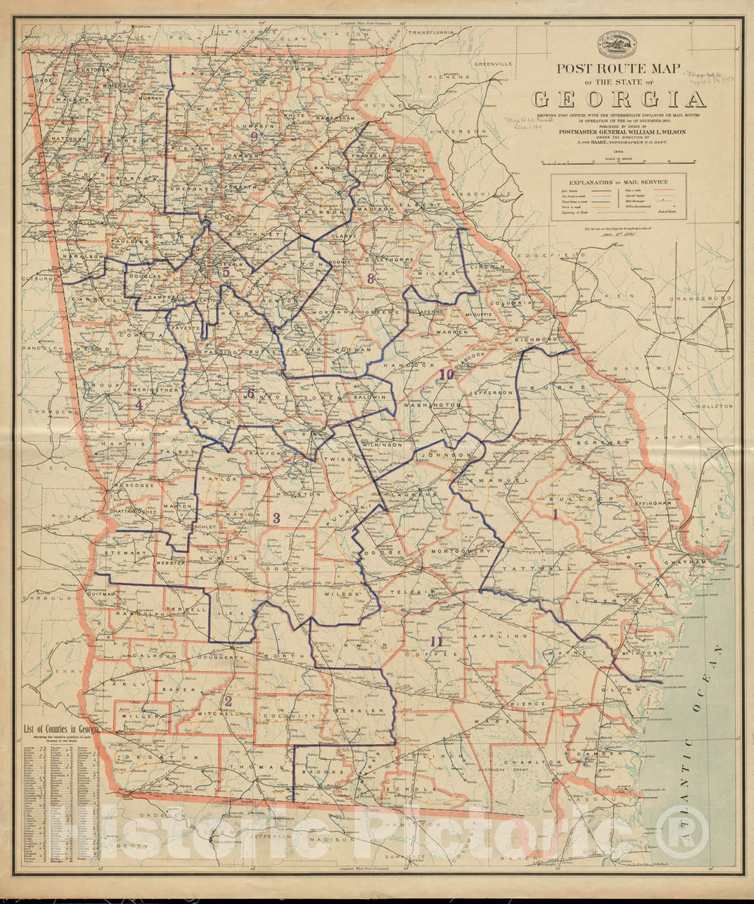 Historical Map, Post Route map of The State of Georgia Showing Post Offices with The Intermediate Distances and Mail Routes in Operation on The 1st of December, 1895, Vintage Wall Art