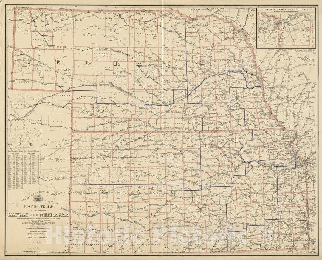 Historical Map, 1895 Post Route map of The States of Kansas and Nebraska Showing Post Offices with The Intermediate Distances and Mail Routes, 1895, Vintage Wall Art