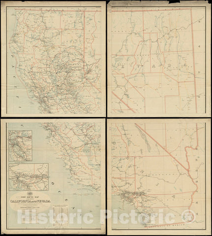 Historical Map, 1897 Post route map of the states of California and Nevada showing post offices with the intermediate distances on mail routes, 1897, Vintage Wall Art
