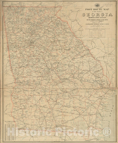 Historical Map, Post Route map of The State of Georgia Showing Post Offices with The Intermediate Distances on Mail Routes in Operation on The 1st of December, 1903, Vintage Wall Art