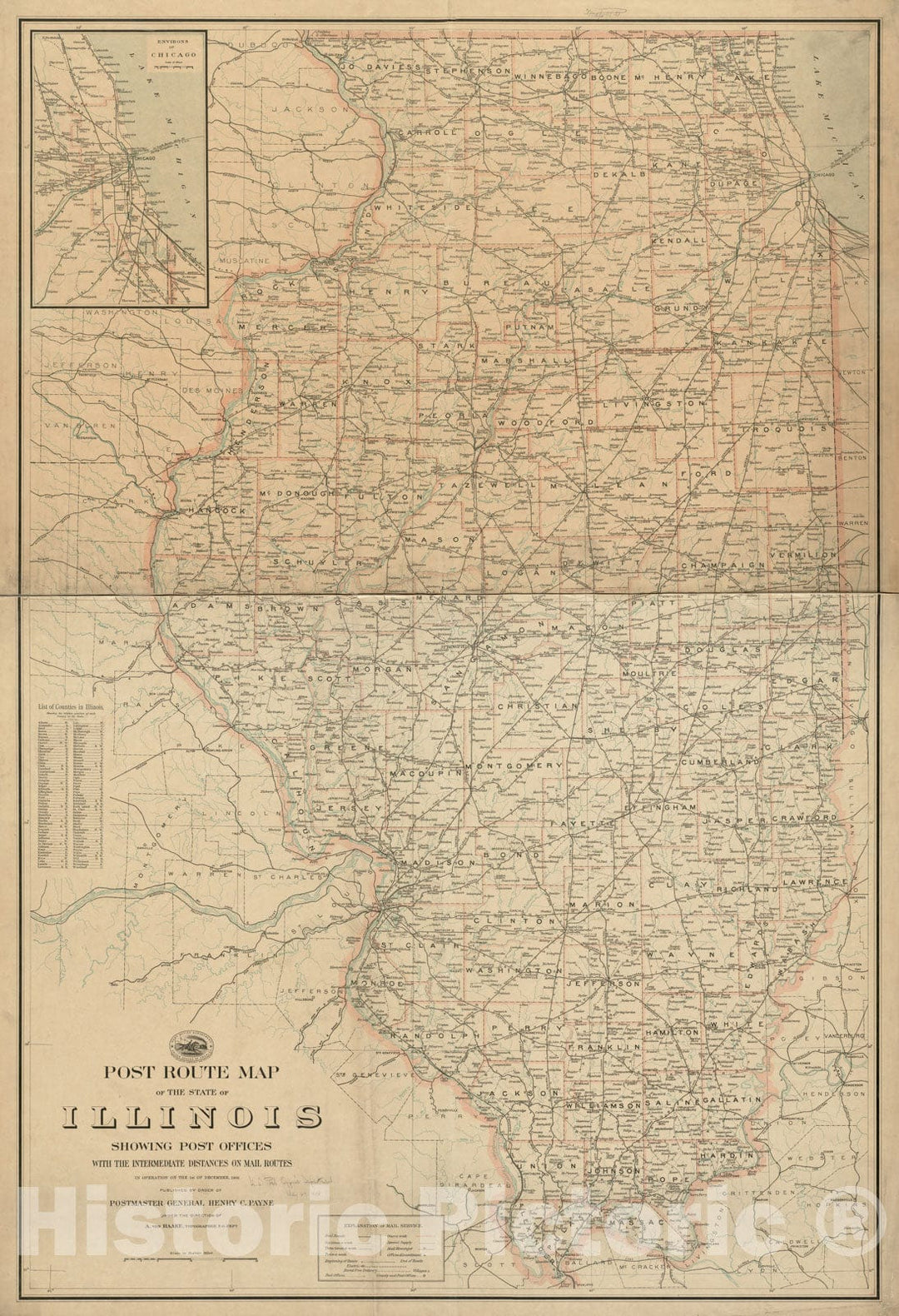 Historical Map, Post Route map of The State of Illinois Showing Post Offices with The Intermediate Distances on Mail Routes in Operation on The 1st of December, 1903, Vintage Wall Art