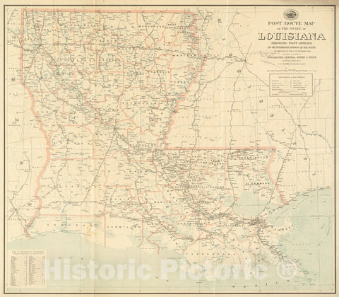 Historical Map, Post Route map of The State of Louisiana Showing Post Offices and The Intermediate Distances on Mail Routes in Operation on The 1st of December, 1903, Vintage Wall Art