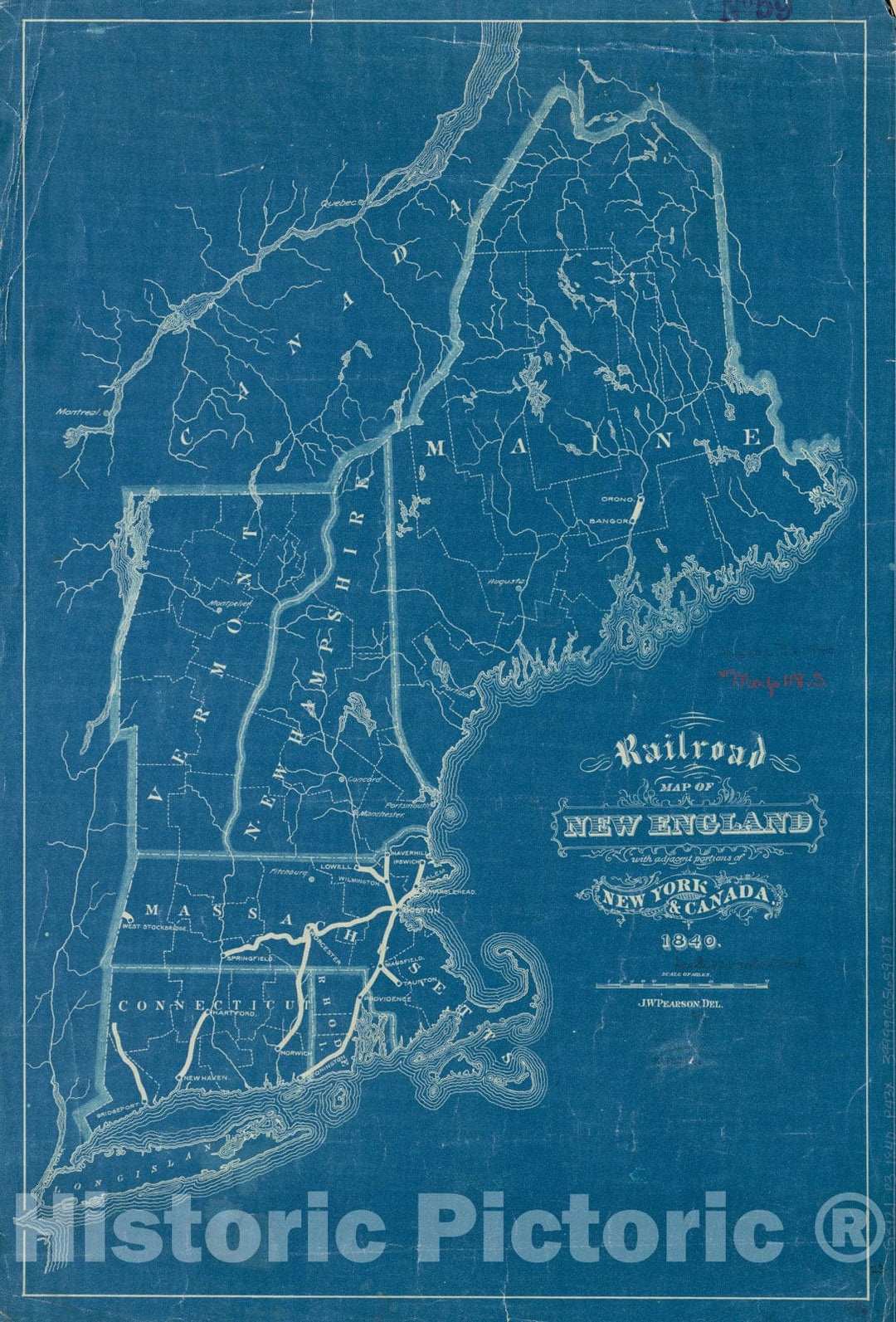 Historical Map, 1840 Railroad map of New England, with Adjacent portions of New York & Canada, Vintage Wall Art