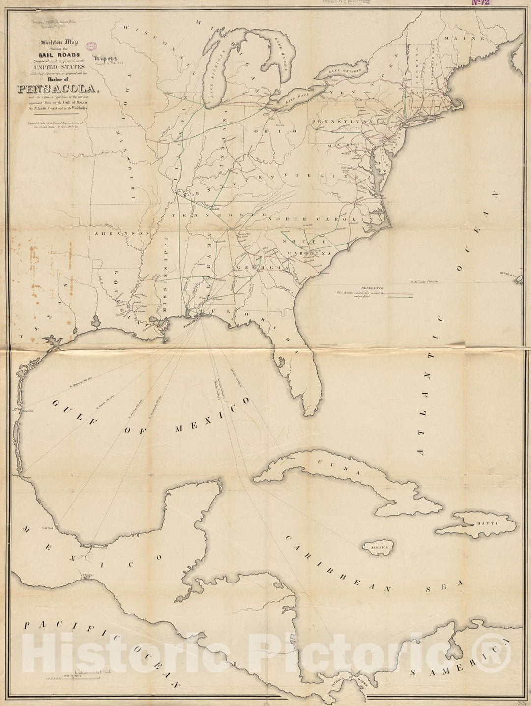 Historical Map, 1848 Skeleton map Showing The Rail Roads Completed and in Progress in The United States and Their Connection as Proposed with The Harbor of Pensacola, Vintage Wall Art