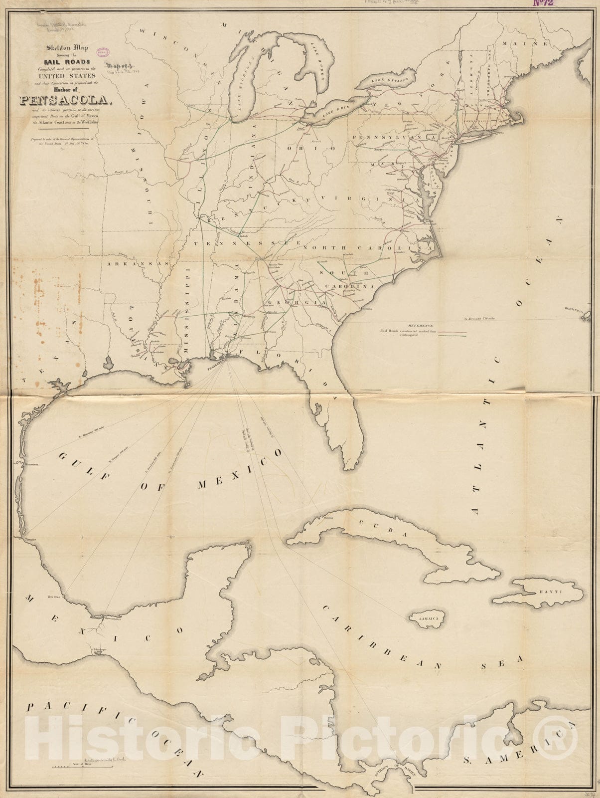 Historical Map, 1848 Skeleton map Showing The Rail Roads Completed and in Progress in The United States and Their Connection as Proposed with The Harbor of Pensacola, Vintage Wall Art