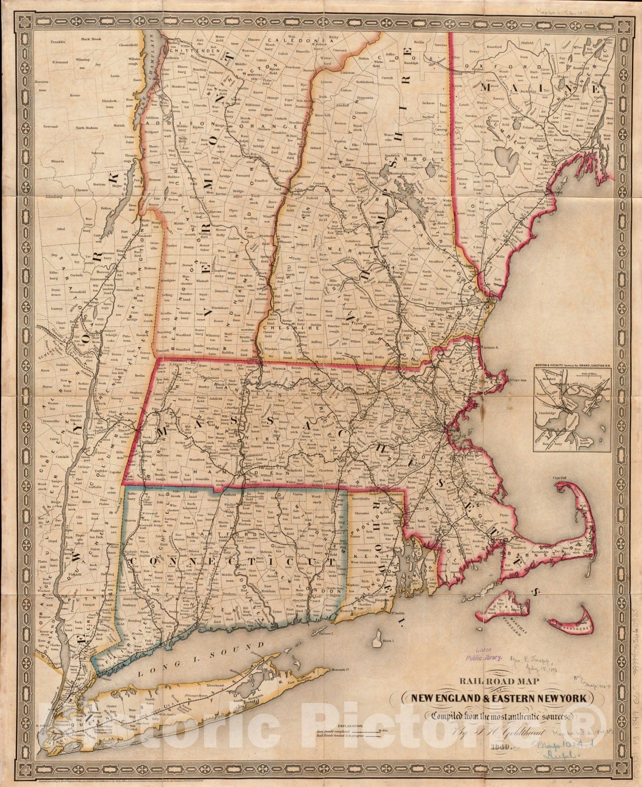 Historical Map, 1849 Rail road map of New England & eastern New York, Vintage Wall Art