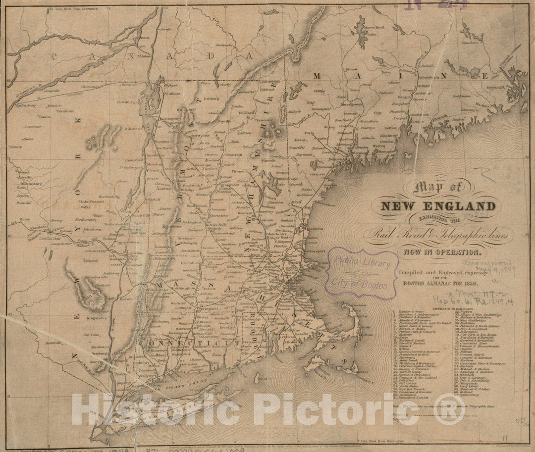 Historical Map, 1849 Map of New England exhibiting The Rail Road & telegraphic Lines Now in Operation, Vintage Wall Art