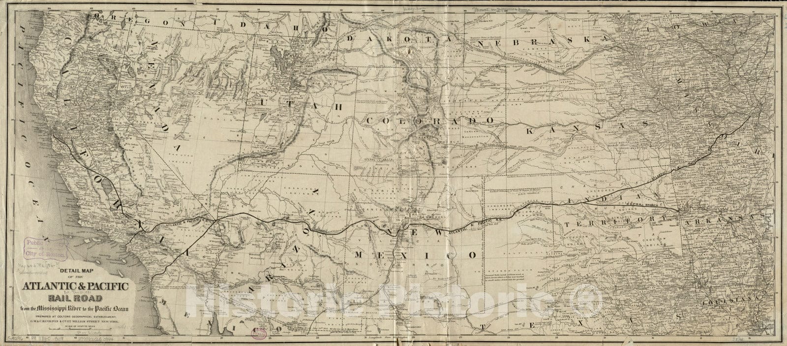 Historical Map, 1860-1869 Detail map of The Atlantic & Pacific Rail Road from The Mississippi River to The Pacific Ocean, Vintage Wall Art