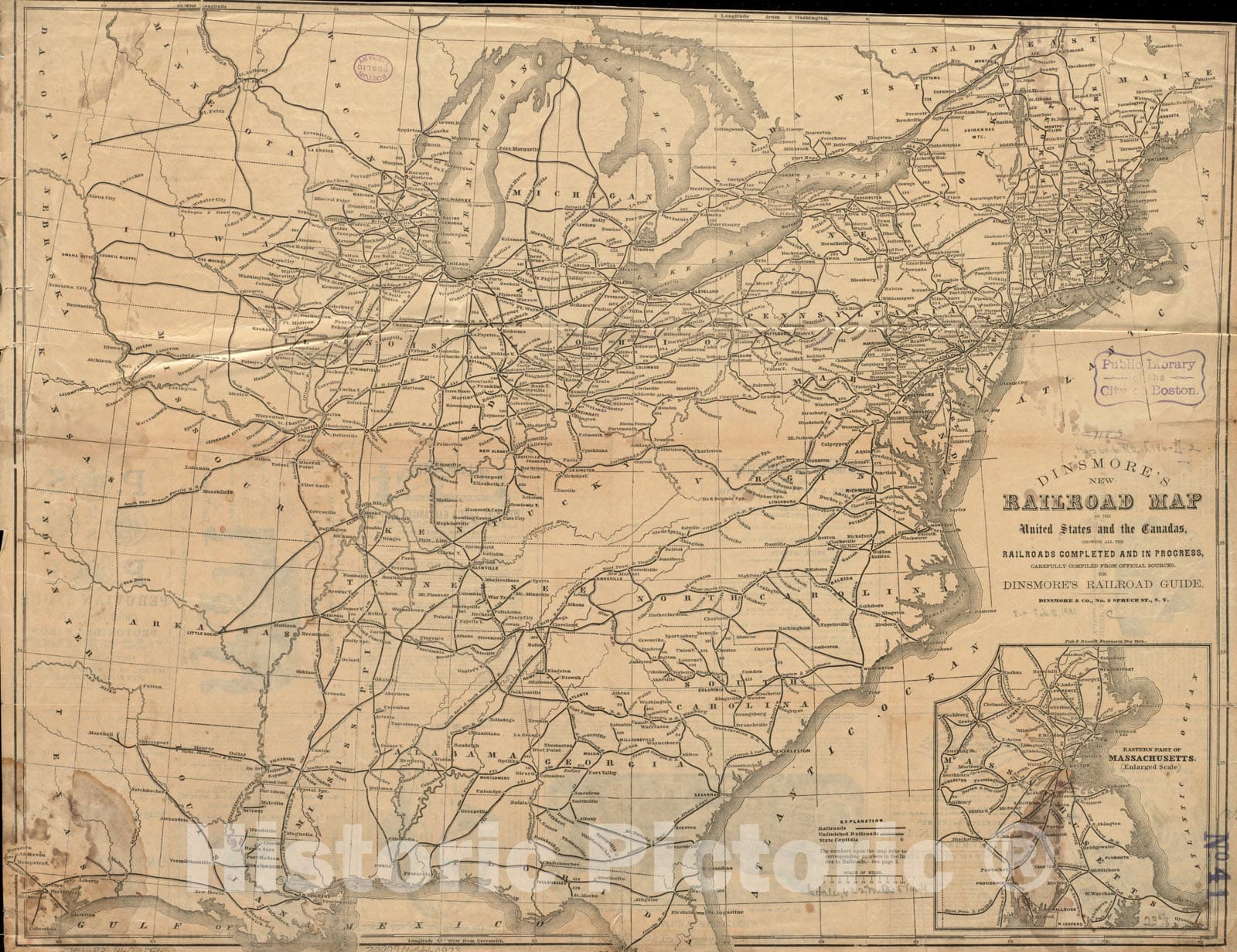 Historical Map, 1860 Dinsmore's New Railroad map of The United States and The Canadas, Showing All The Railroads Completed and in Progress, Vintage Wall Art