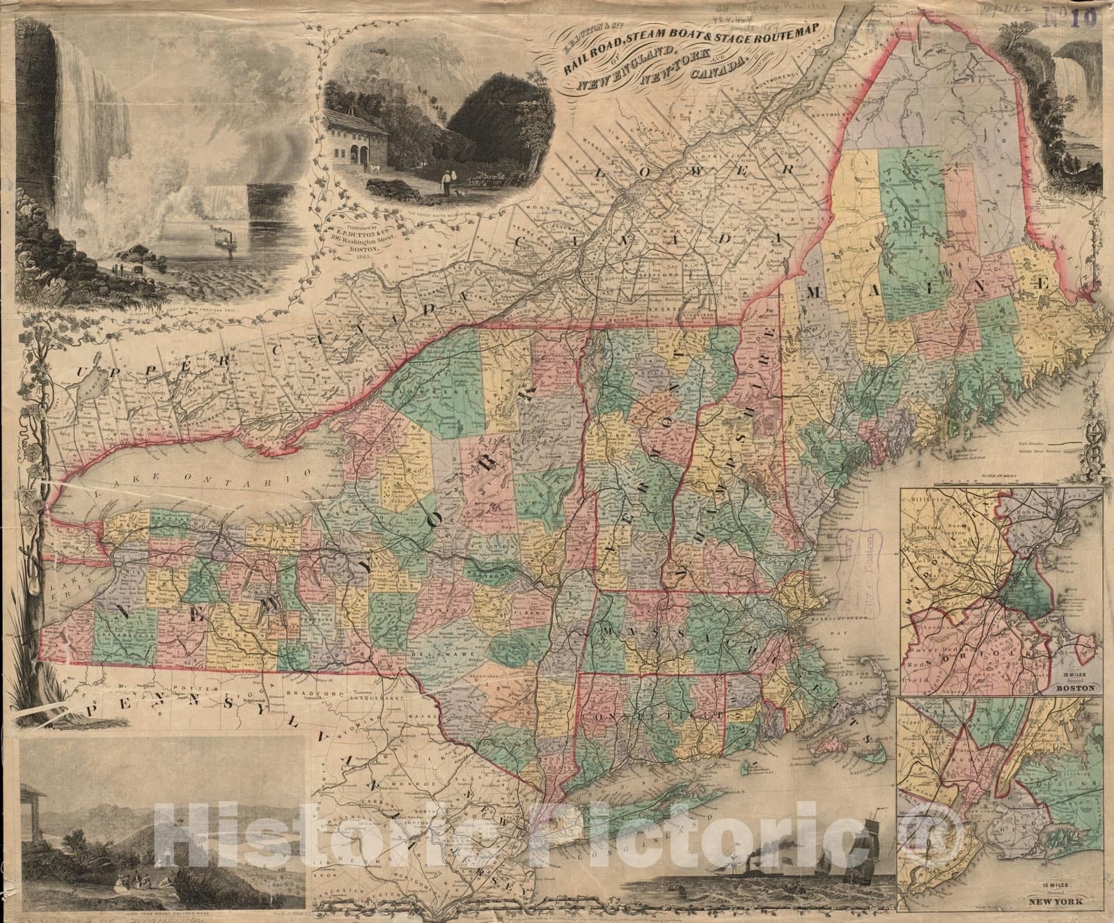 Historical Map, 1863 E.P. Dutton & Co.'s Railroad, steam Boat & Stage Route map of New England, New-York and Canada, Vintage Wall Art