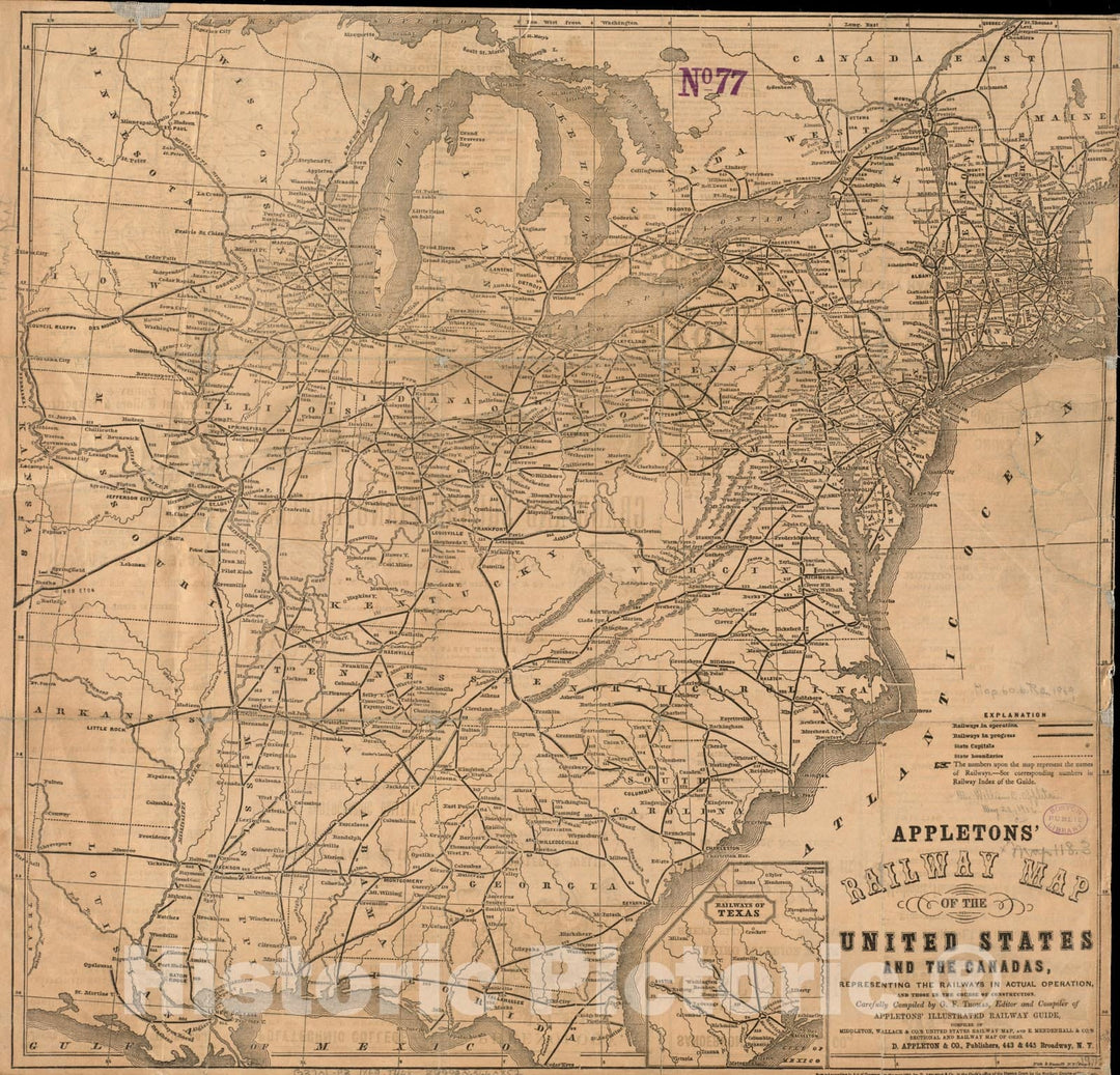 Historical Map, 1869 Appletons' Railway map of The United States and The Canadas : Representing Railways in Actual Operation, and Those in The Course of Construction, Vintage Wall Art