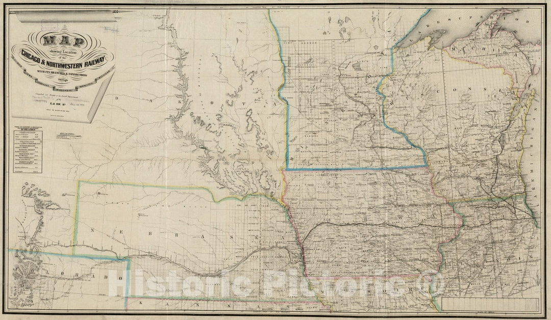 Historical Map, 1860-1869 Map showing location of the Chicago & Northwestern Railway with its branches & connections through Illinois, Iowa, Nebraska, Wisconsin, Minnesota, Michigan, Vintage Wall Art