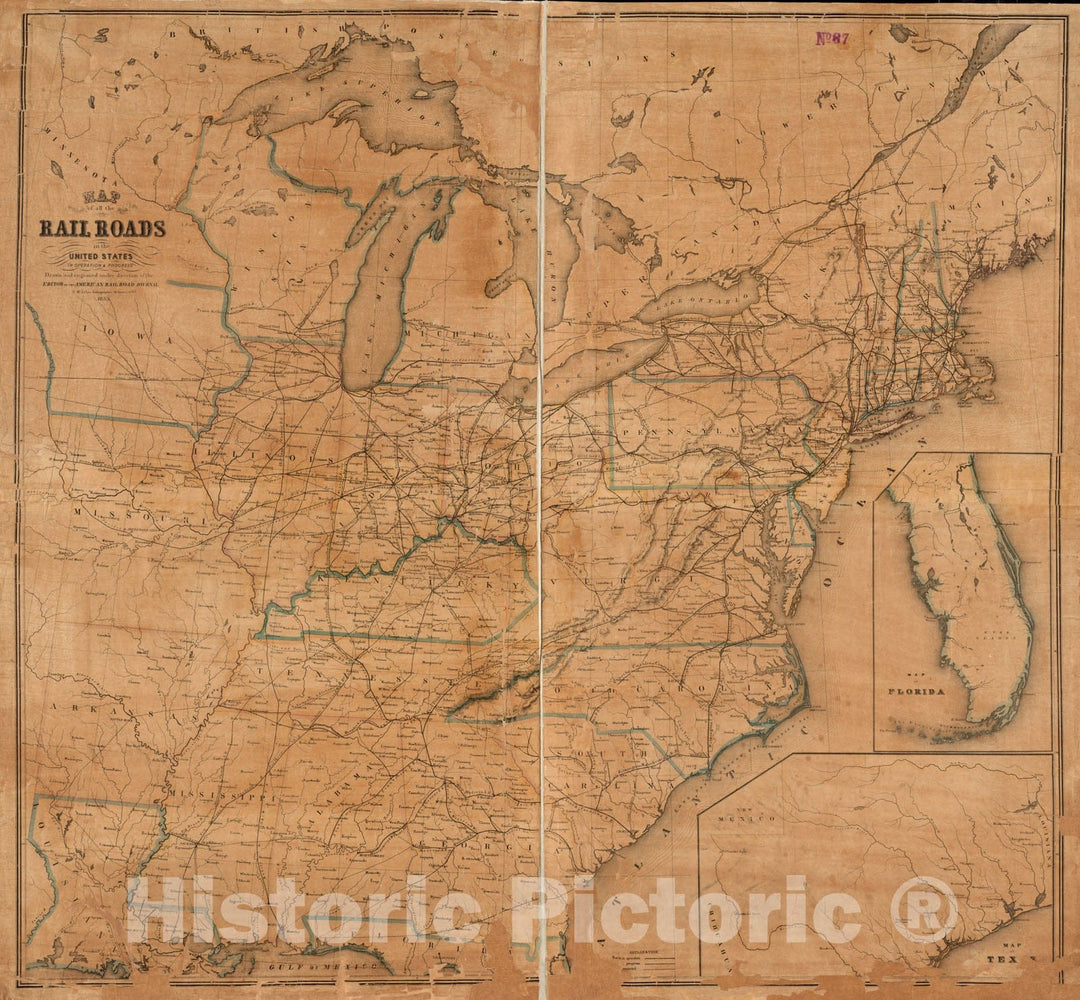 Historical Map, 1853 Map of All The Railroads in The United States in Operation and Progress, Vintage Wall Art