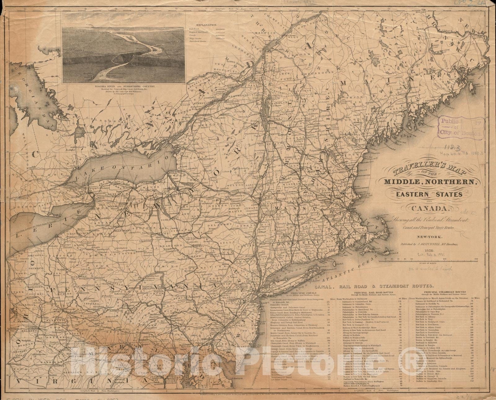 Historical Map, 1850 Traveller's map of The Middle, Northern, Eastern States and Canada Showing All The Railroad, Steamboat, Canal, and Principal Stage Routes, Vintage Wall Art