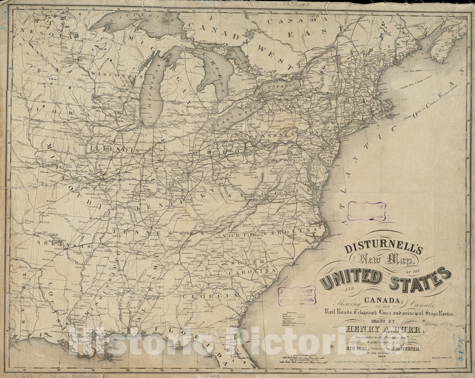 Historical Map, 1854 Disturnell's New map of The United States and Canada Showing All The canals, Rail Roads, Telegraph Lines and Principal Stage Routes, Vintage Wall Art