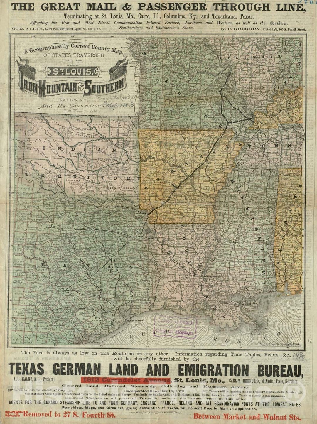 Historical Map, 1880-1889 A geographically Correct County map of States traversed by The St. Louis, Iron Mountain and Southern Railway, and its Connections, Vintage Wall Art