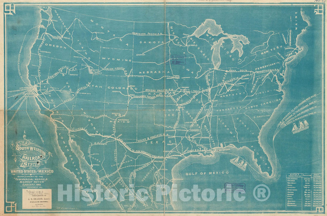 Historical Map, 1882 The southwestern railroad system United States and Mexico, Vintage Wall Art