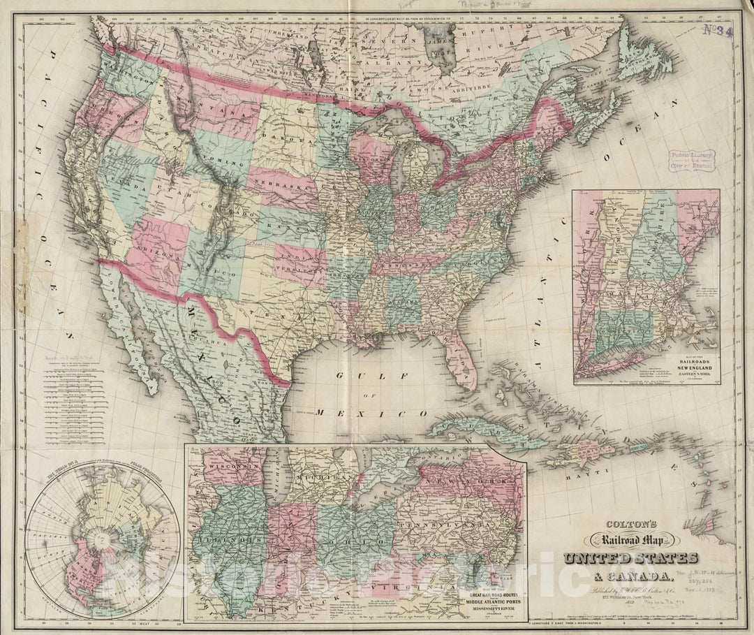 Historical Map, 1873 Colton's New Railroad map of The United States & Canada, Vintage Wall Art