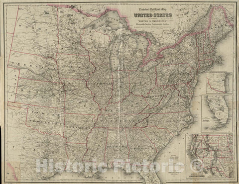 Historical Map, 1876 Traveler's Rail Road map of The United States to accompany 'Boston to Washington' Riverside Series Centennial Guides, Vintage Wall Art