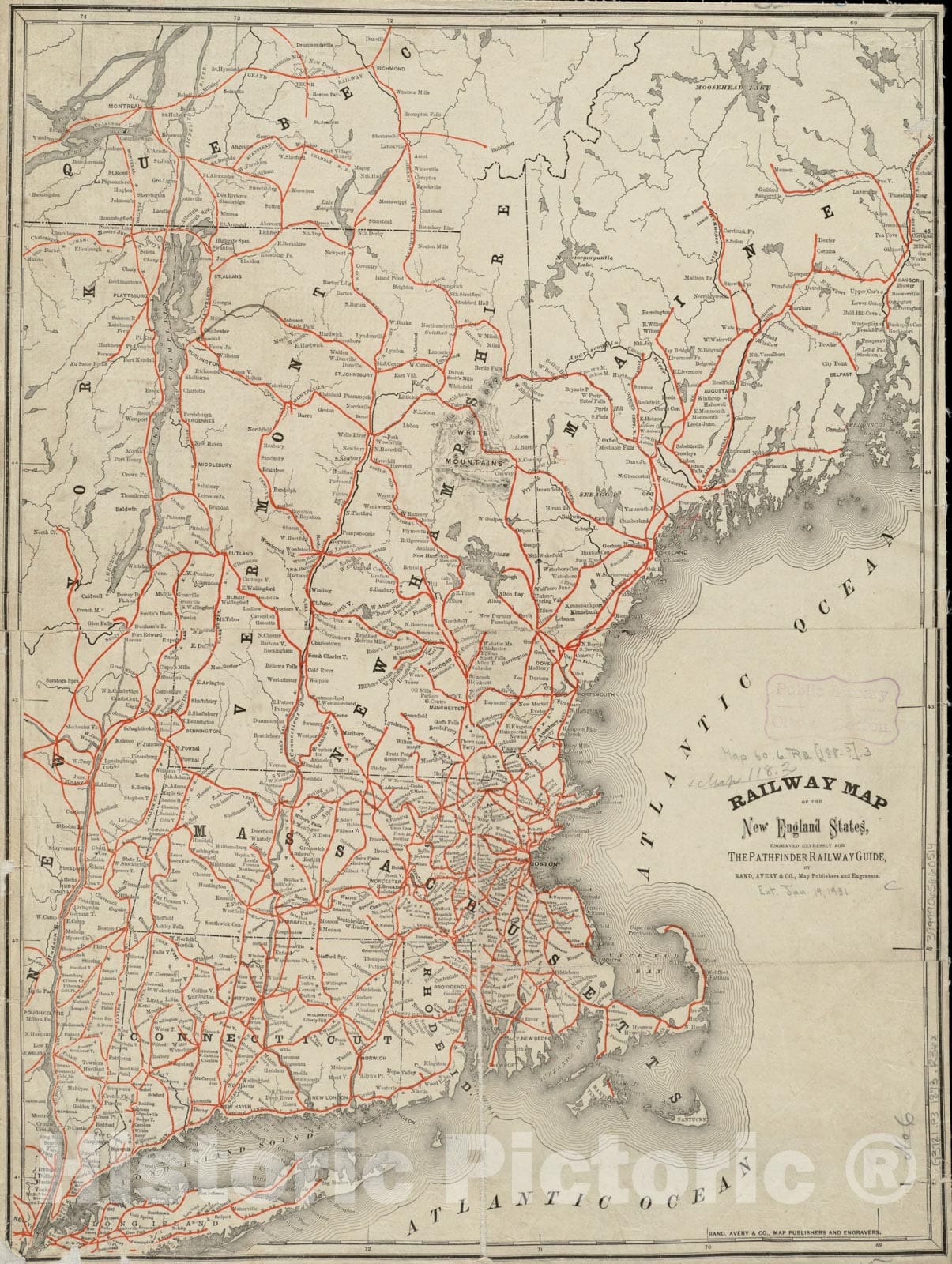 Historical Map, 1870-1879 Railway map of The New England States, Engraved expressly for The Pathfinder Railway Guide, Vintage Wall Art