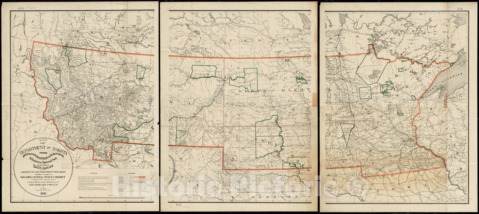 Historical Map, 1891 Map of The Department of Dakota Including Minnesota, North Dakota, Montana, Yellowstone National Park, and That Portion of South Dakot, Vintage Wall Art