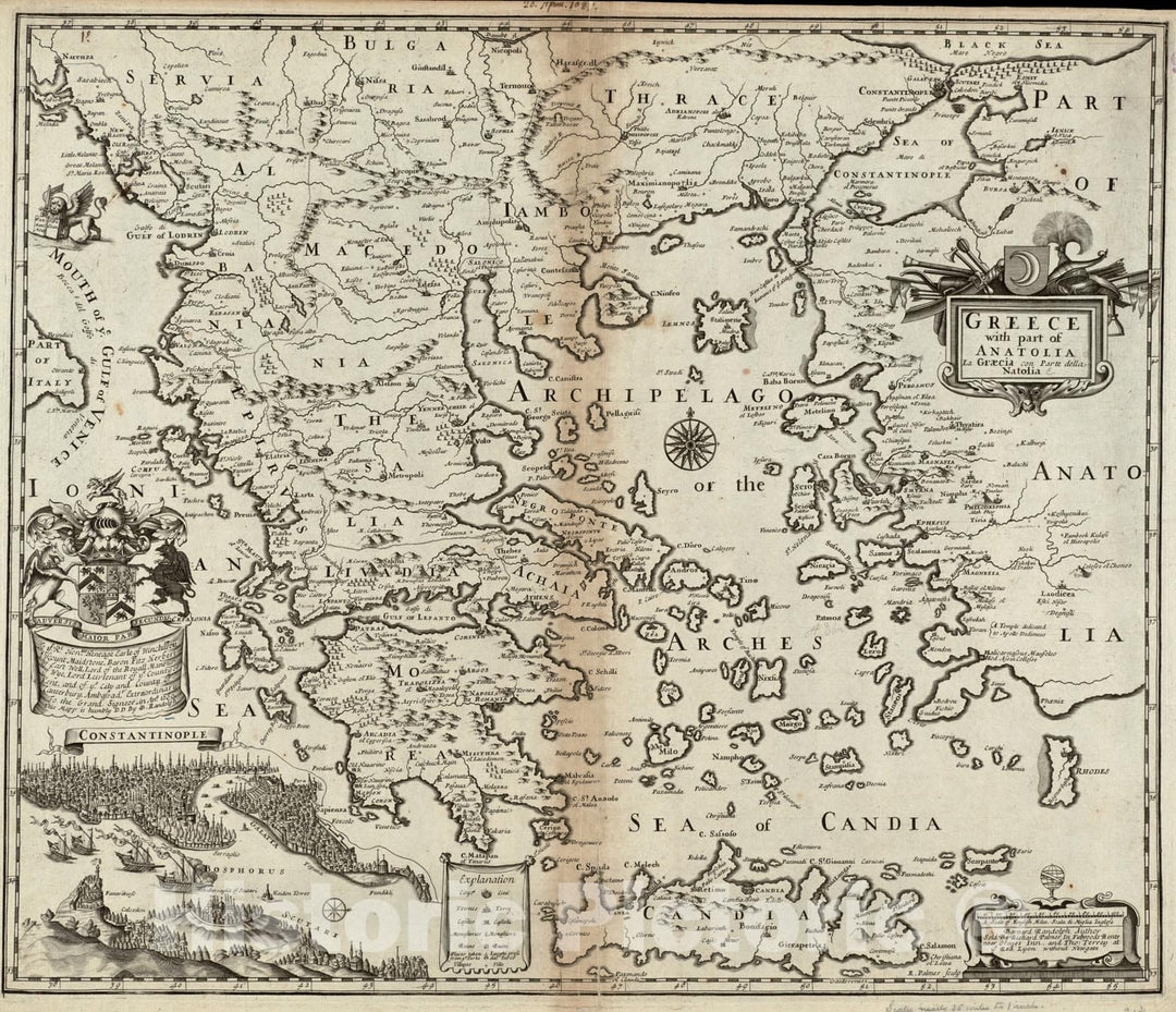 Historical Map, 1665 Greece with Part of Anatolia = La Graecia con Parte Della Natolia, Vintage Wall Art