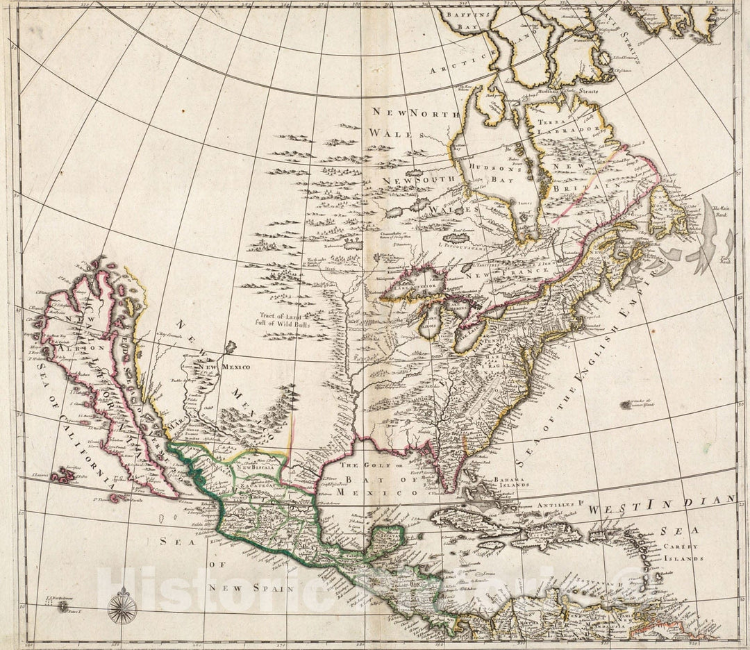 Historical Map, c.1684 North America Divided into its III principall Parts : 1st English pviz. English Empire containing ye Articklands Near Hudsons Bay New North, Vintage Wall Art