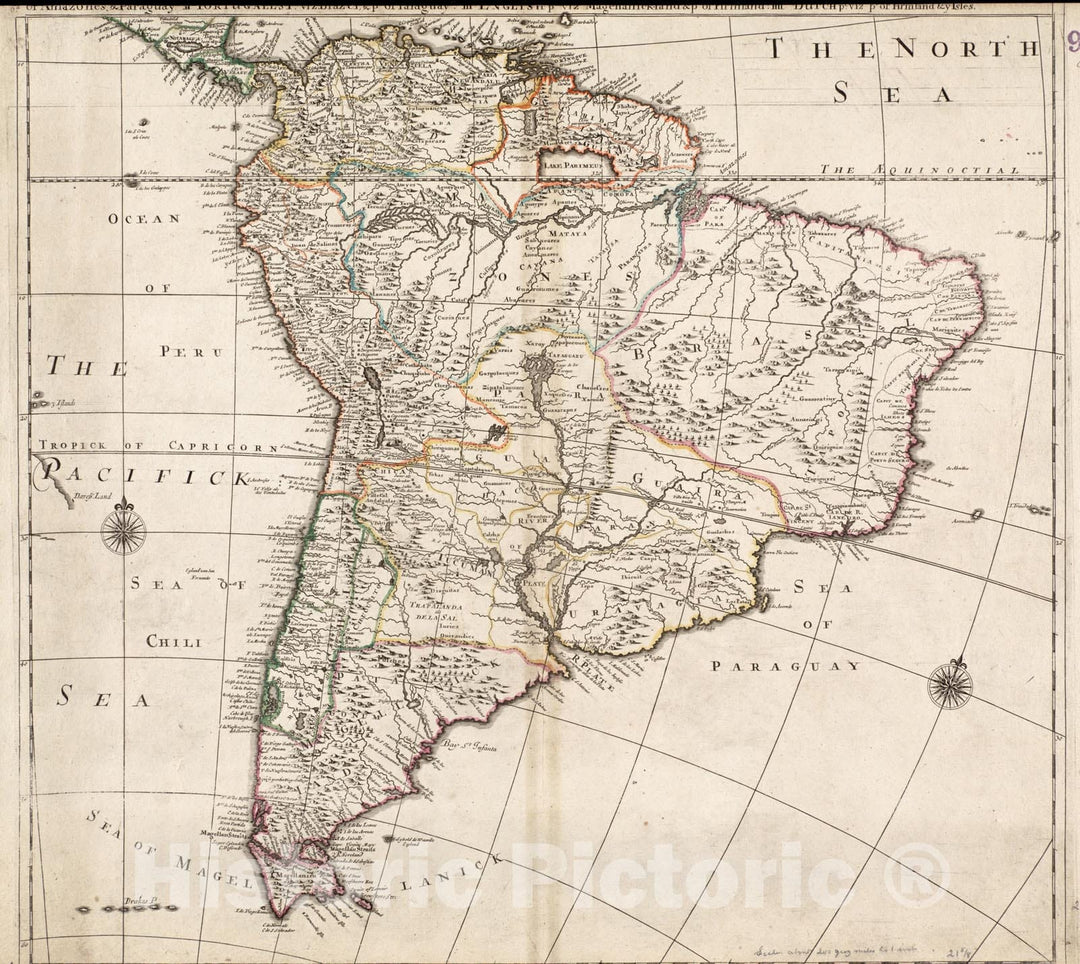 Historical Map, c.1684 South America Divided into its IIII principall Parts : I Spanish Part: vizt. Firmland, Guiana, Peru, Chili, pt of The Country of Amazones, Paraguay: Reprint