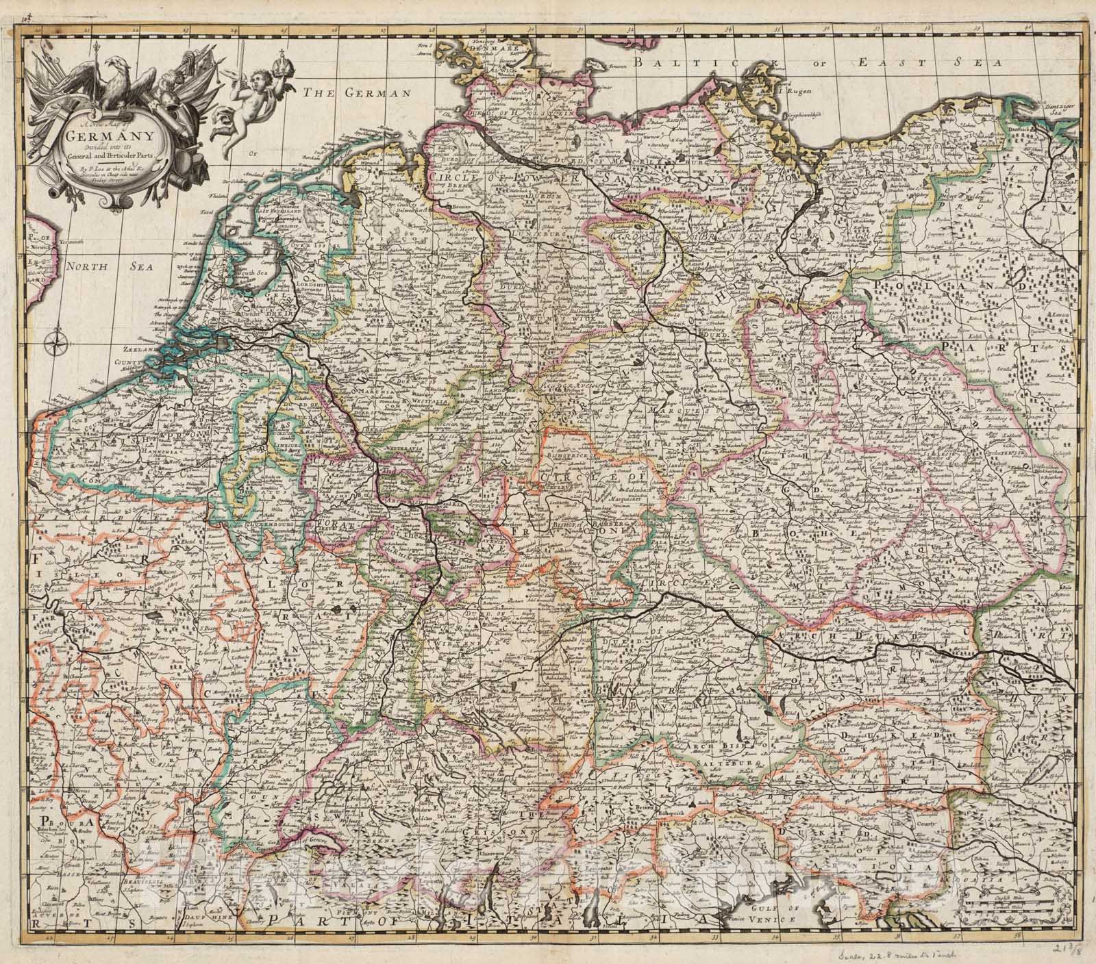 Historical Map, 1695 A New map of Germany Divided into its General and perticuler Parts, Vintage Wall Art