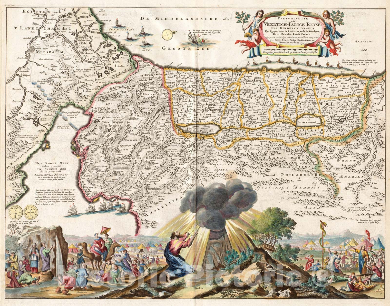 Historical Map, 1716 Perigrinatie ofte veertich-iarige reyse der kindern IsraeIË†ls, uyt Egypten Door de Roode Zee, ende de woestyne, tot in't beloofde Landt Canaan, Vintage Wall Art