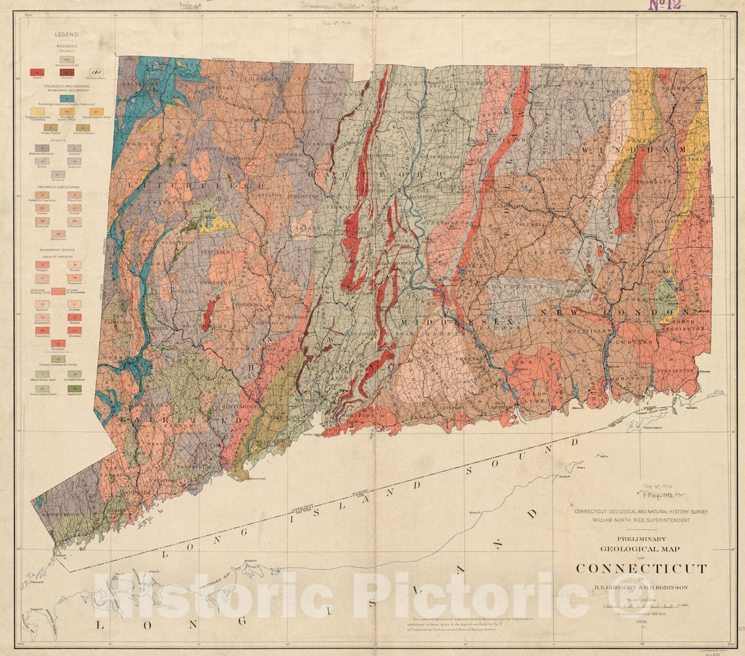 Historical Map, 1906 Preliminary Geological map of Connecticut, Vintage Wall Art