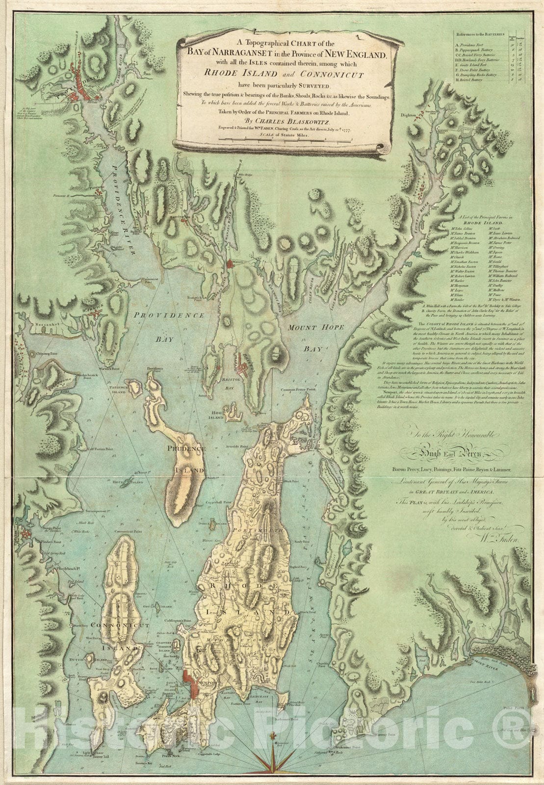 Historical Map, 1777 A Topographical Chart of The Bay of Narraganset in The Province of New England, Vintage Wall Art