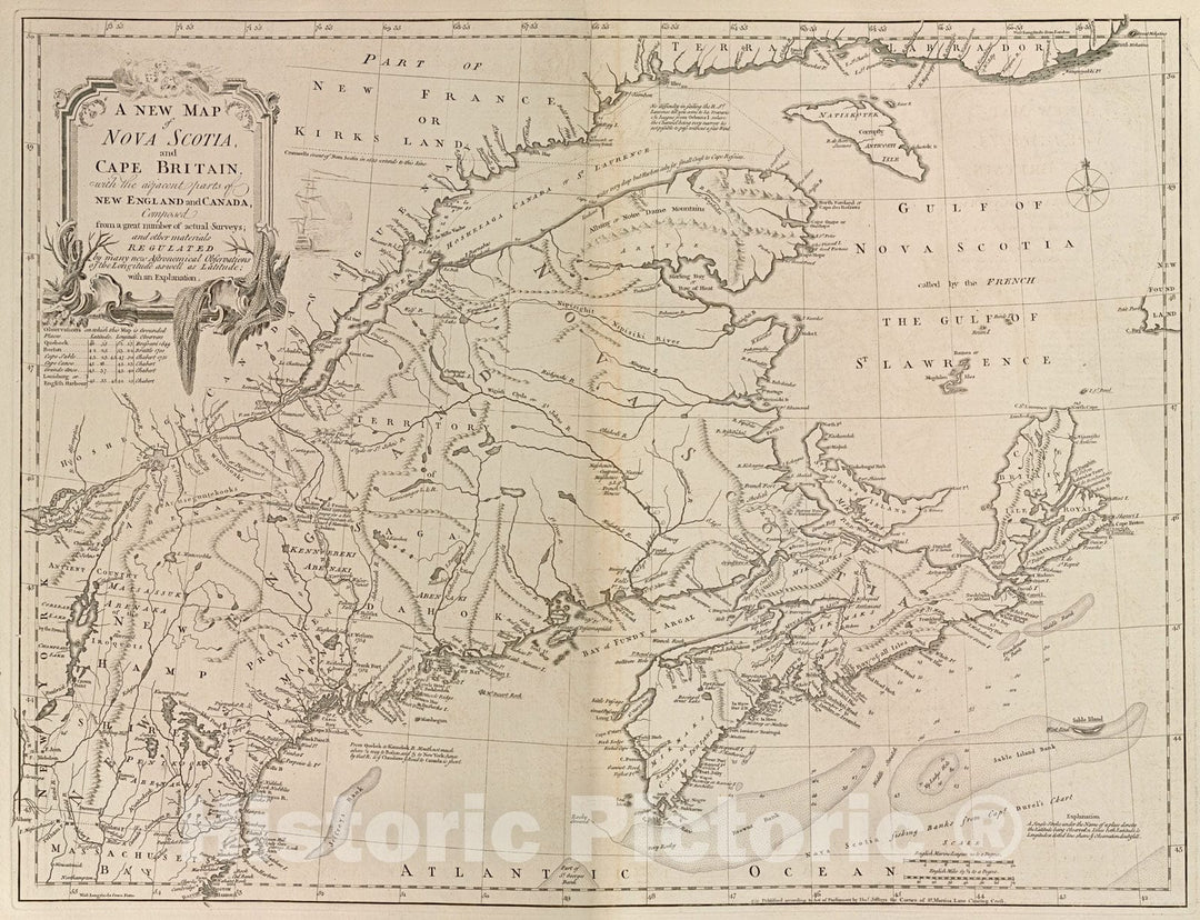 Historical Map, 1768 A New map of Nova Scotia, and Cape Britain : with The Adjacent Parts of New England and Canada, Composed from a Great Number of Actual surveys, Vintage Wall Art