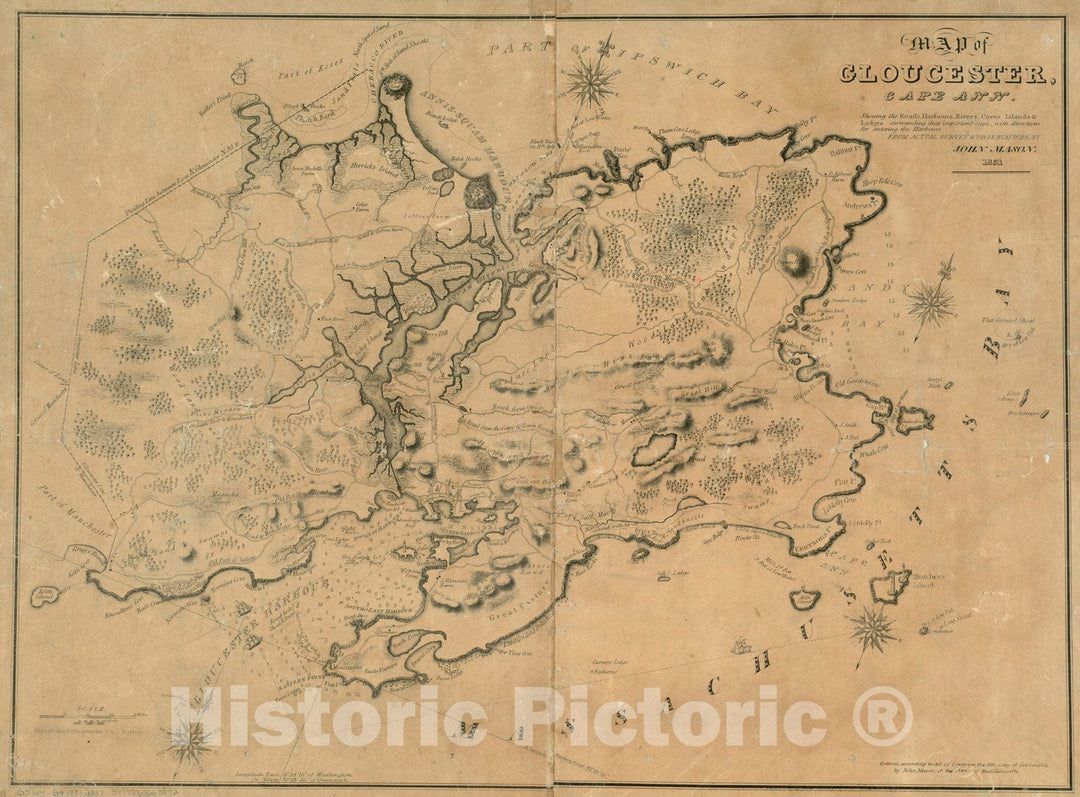 Historical Map, 1831 Map of Gloucester, Cape Ann : shewing The Roads, harbours, Rivers, coves, Islands & ledges Surrounding That Important Cape, Vintage Wall Art